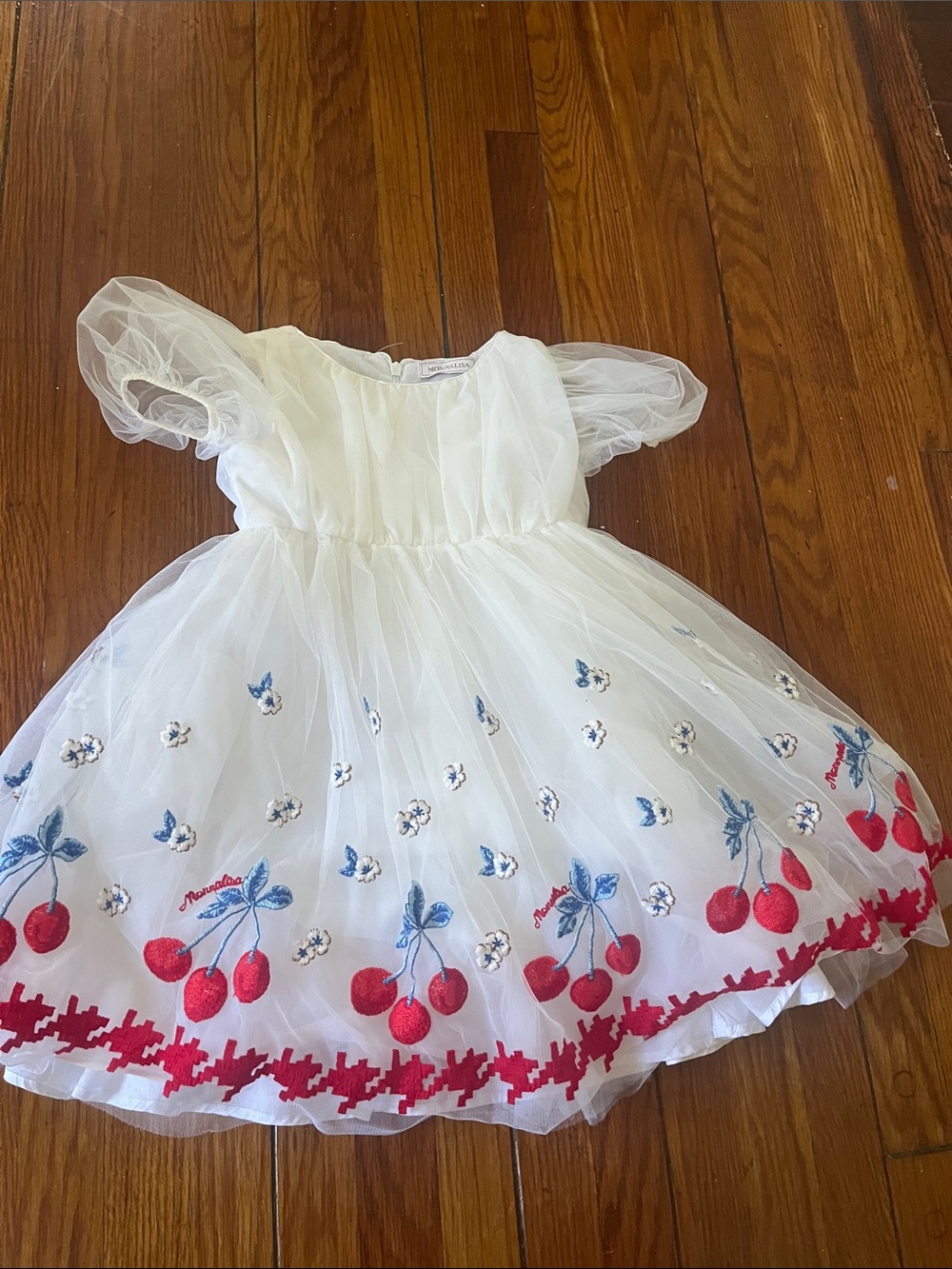 MonnaLisa White Tulle Dress with Red Cherry Embroidery